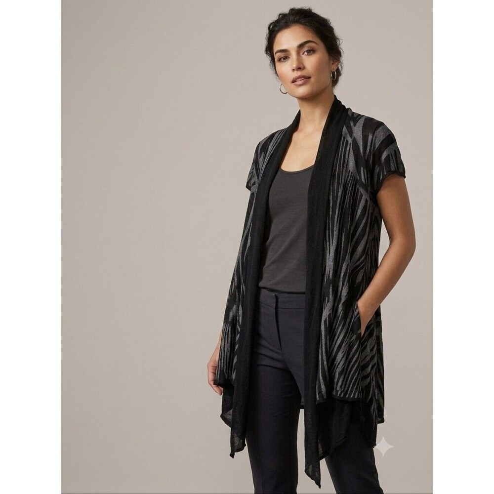 Alberto Makali Open Front Asymmetrical Hem Knit Sweater Cardigan in Black Size S